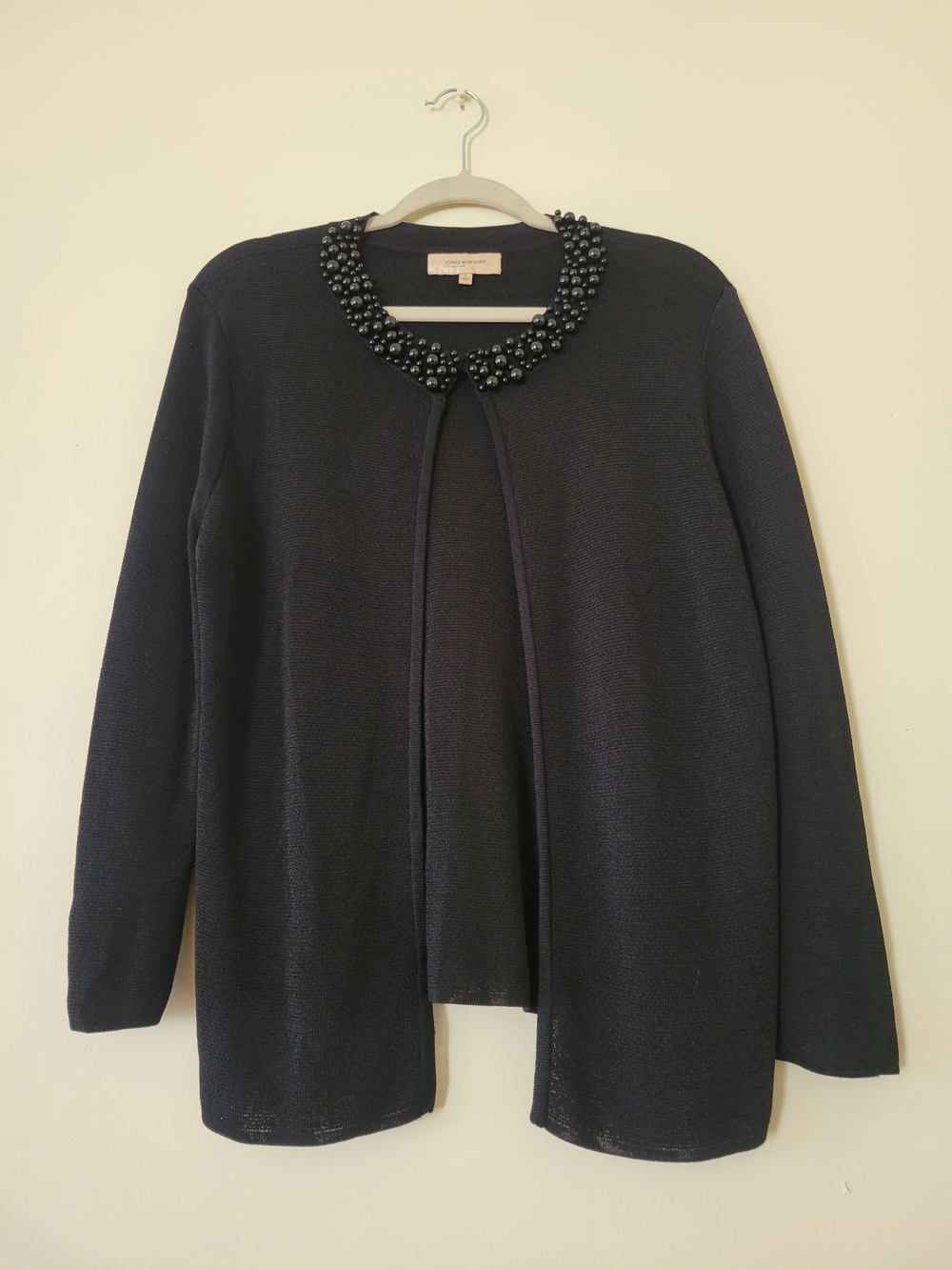 Jones New York Black Beaded Collar Women's Knit Sweater Cardigan Sz L
